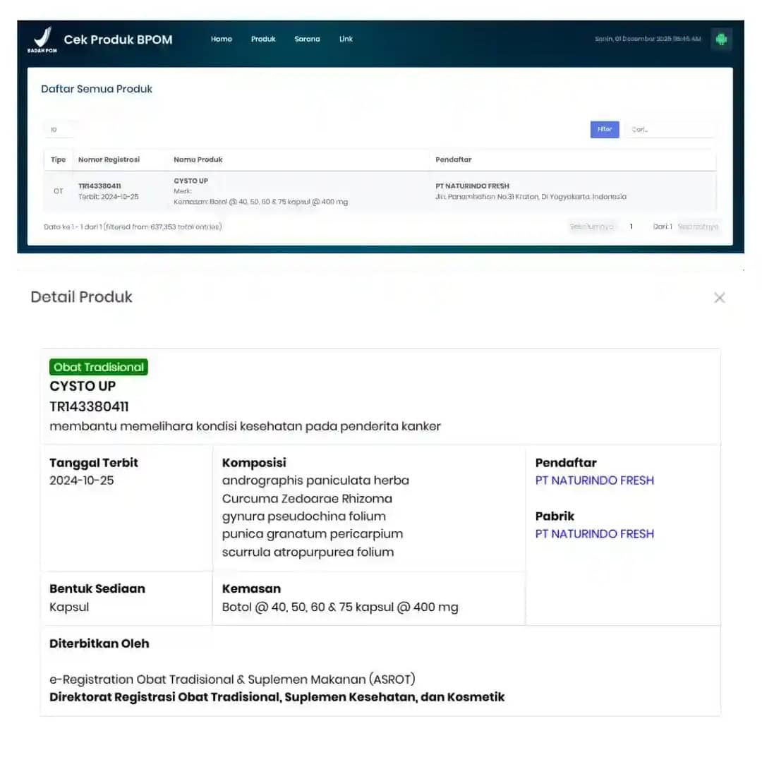 Sertifikasi BPOM Cysto Up - Terdaftar Resmi